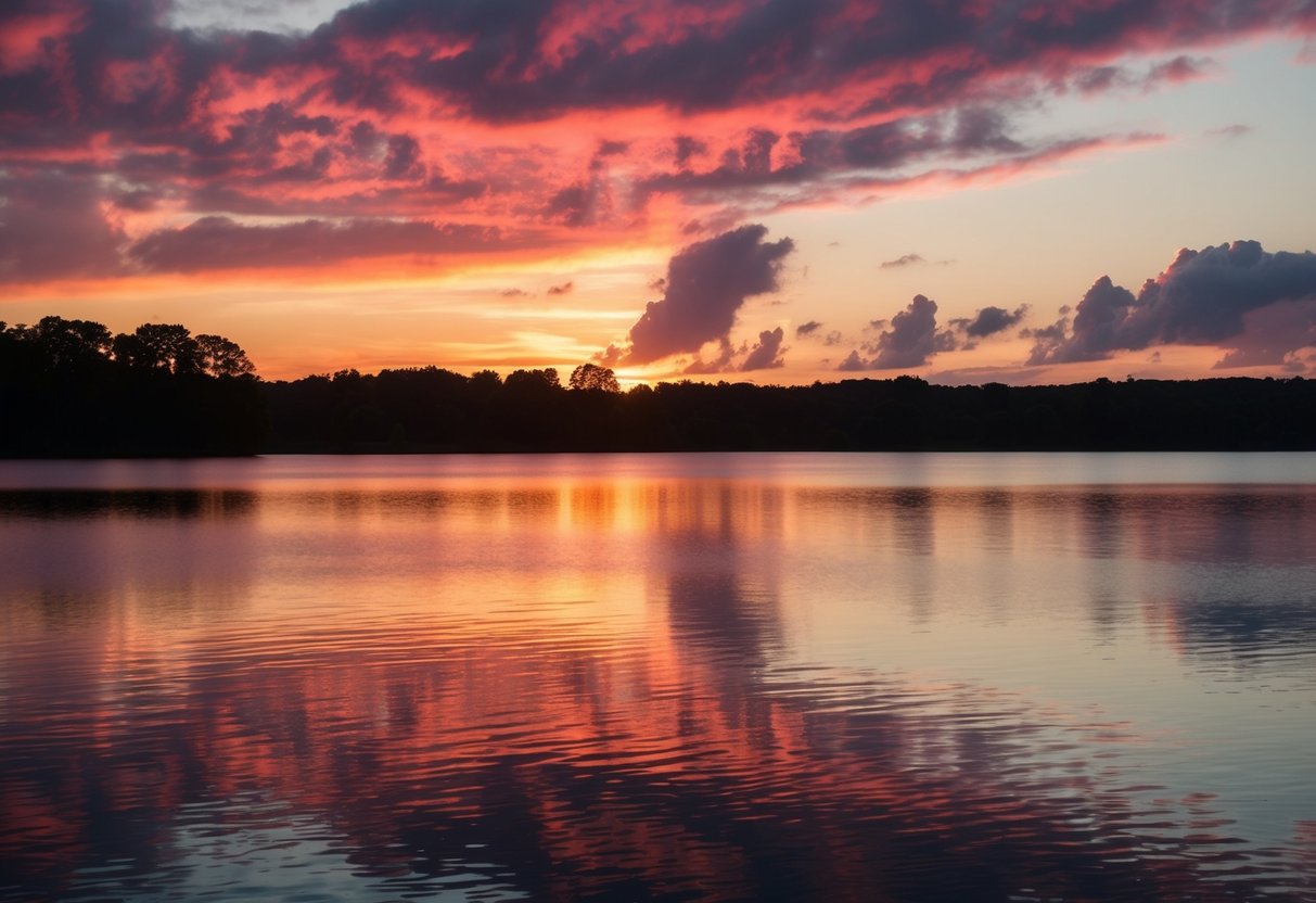 Sunset over a calm lake, reflecting colorful clouds and silhouettes of trees