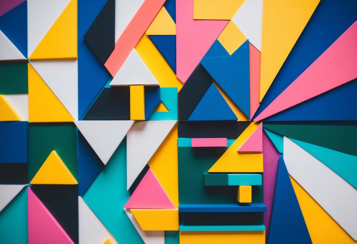 A vibrant mix of geometric shapes and patterns arranged in a dynamic composition, creating a visually stimulating abstract collage