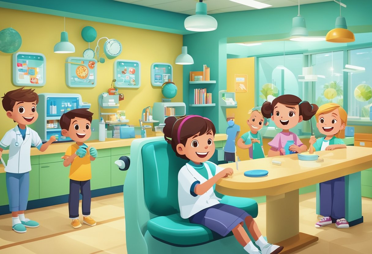 A colorful dental health center with children engaged in educational activities, including brushing and flossing demonstrations, interactive games, and informative posters