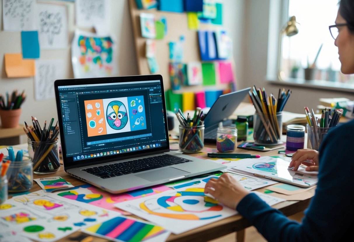 A table covered in art supplies and a laptop displaying animation software, surrounded by colorful sketches and doodles