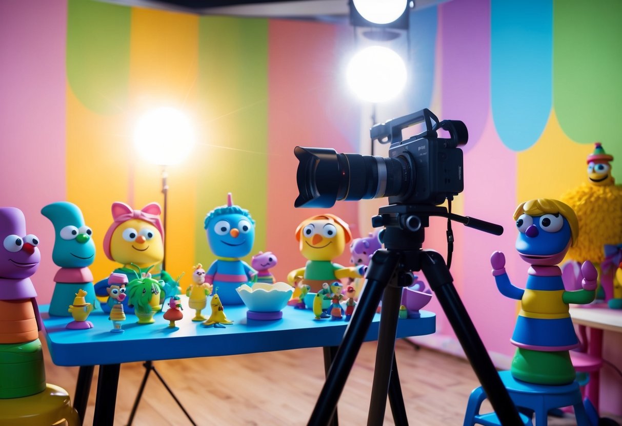 A colorful claymation studio with various characters and props arranged on a table, a camera set up on a tripod, and bright lights shining down on the scene