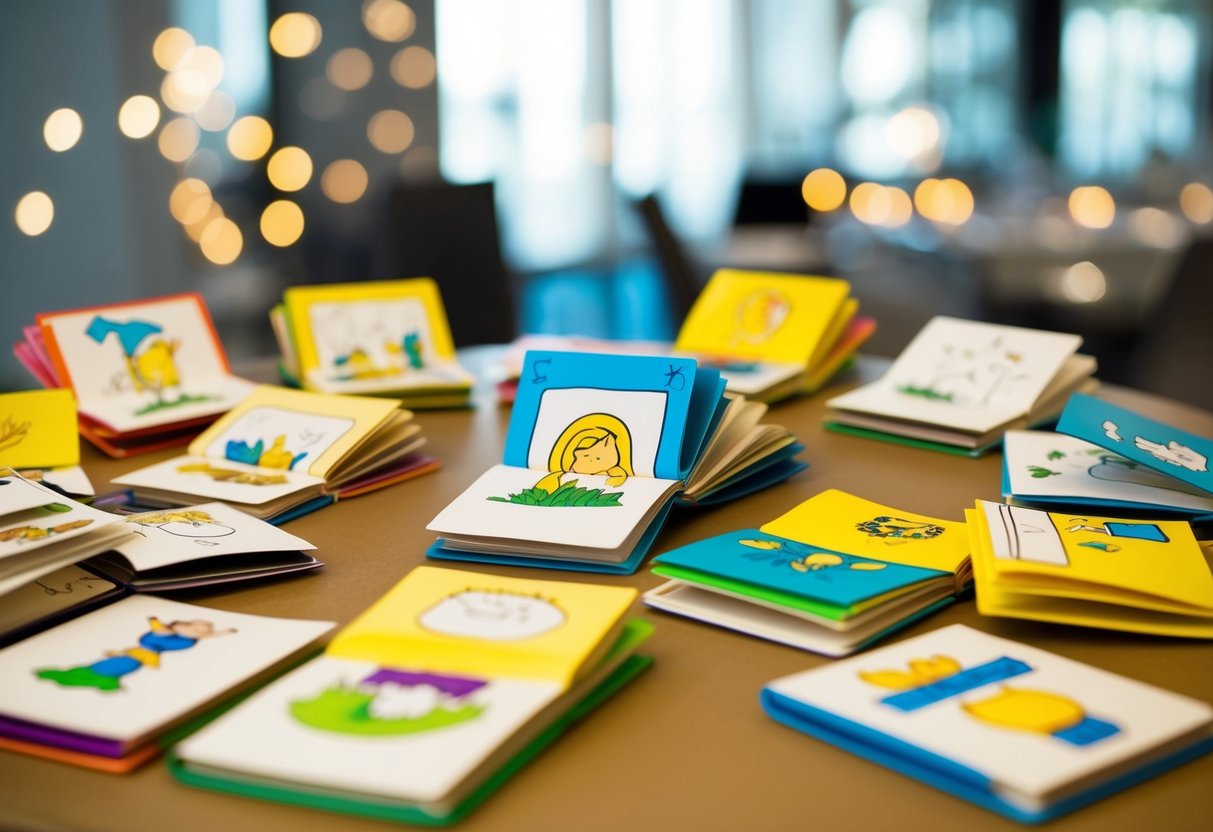 A collection of hand-drawn flipbooks scattered across a table, each displaying different scenes of playful and imaginative animations