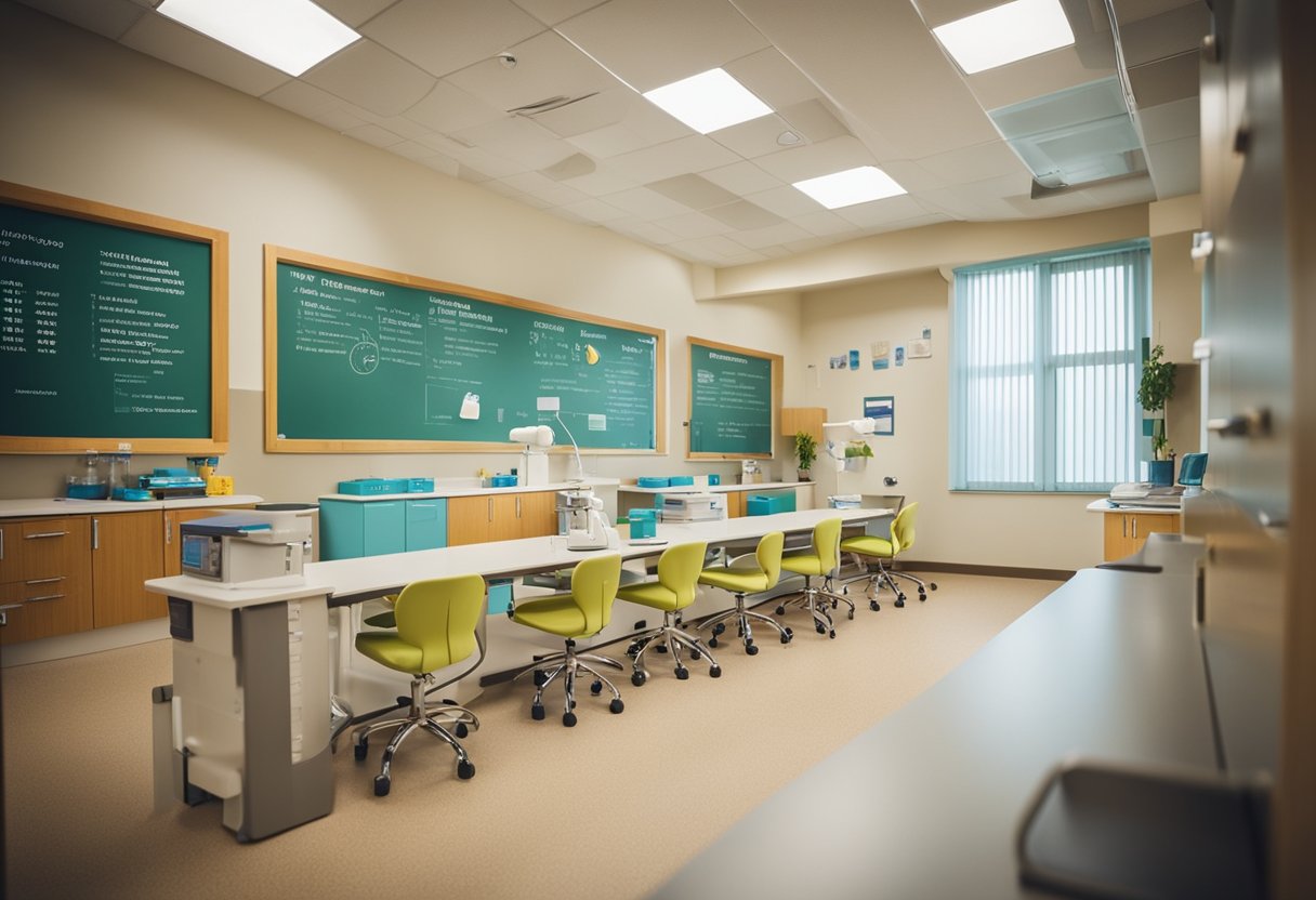 A classroom with dental health activities and centers, including a toothbrushing station, flossing area, and posters about healthy teeth