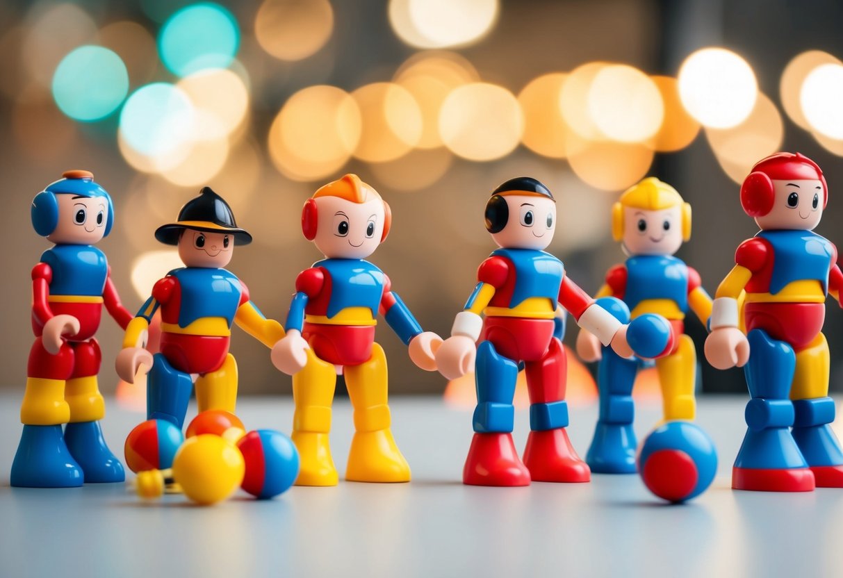 Toys arranged in various positions, capturing different stages of movement for stop motion animation