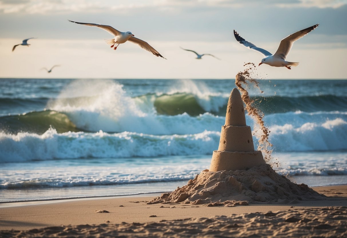 A beach scene with waves crashing onto the shore, seagulls flying overhead, and a sandcastle being built and washed away