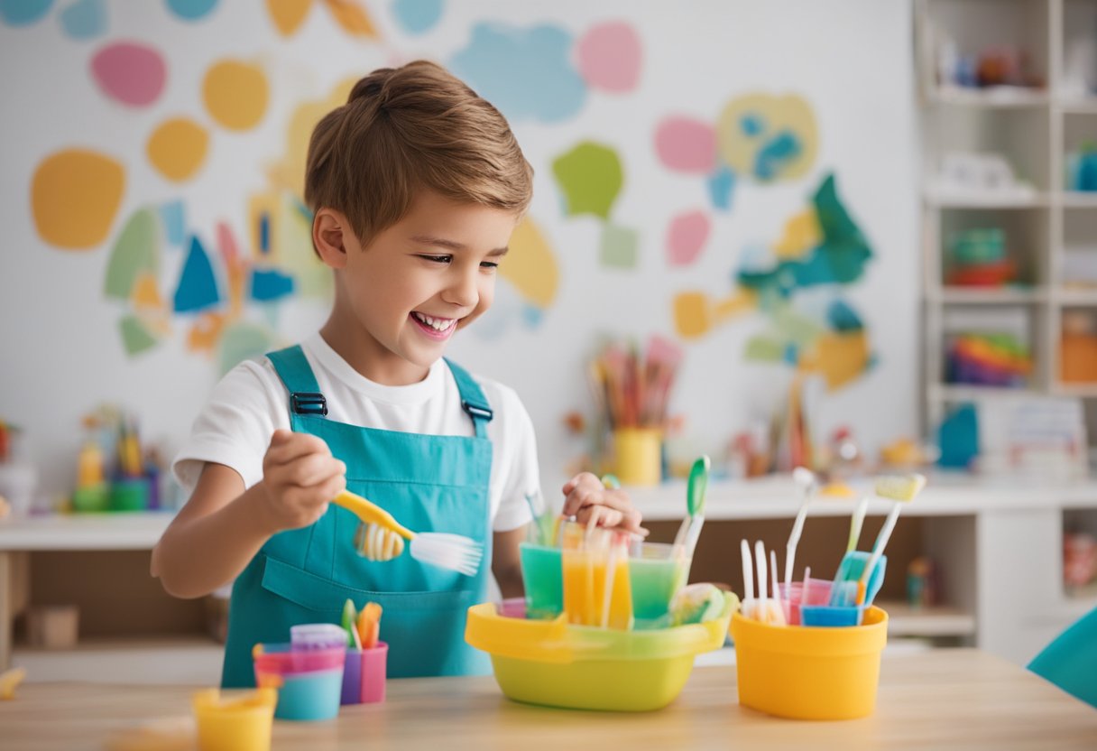 Children painting with toothbrushes, playing with dental-themed sensory bins, and using fine motor skills to floss and brush oversized teeth