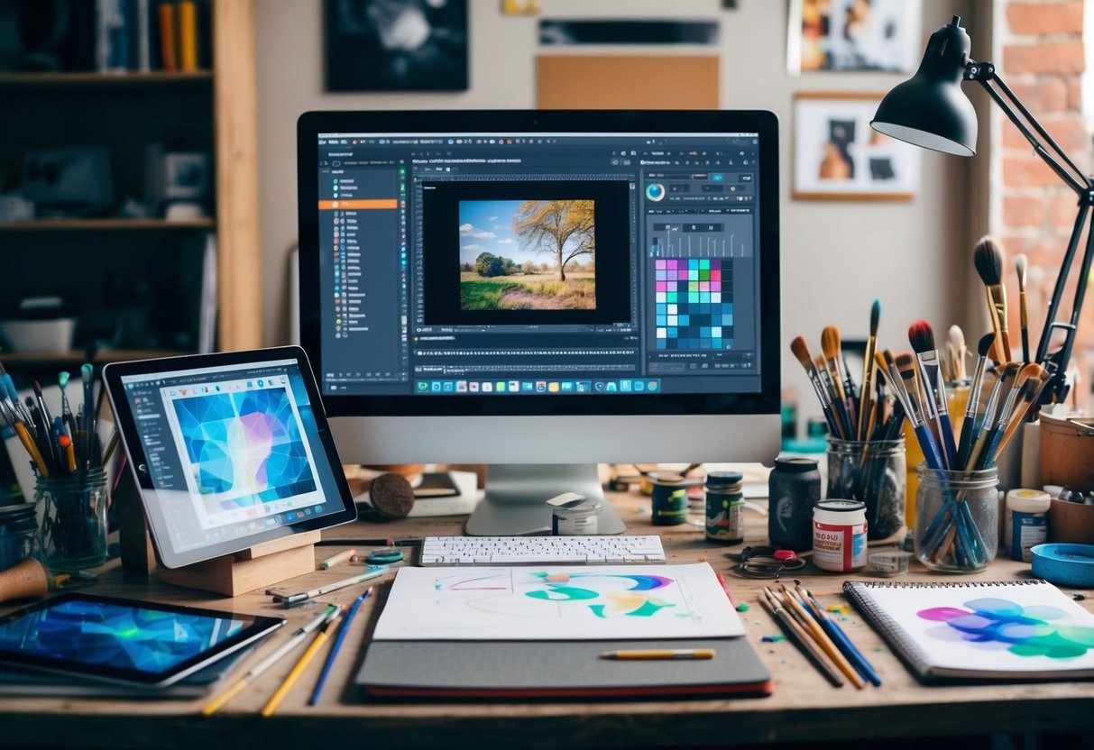 A cluttered artist's desk with paintbrushes, a tablet, sketchbooks, and traditional art supplies. A computer screen displays digital art software
