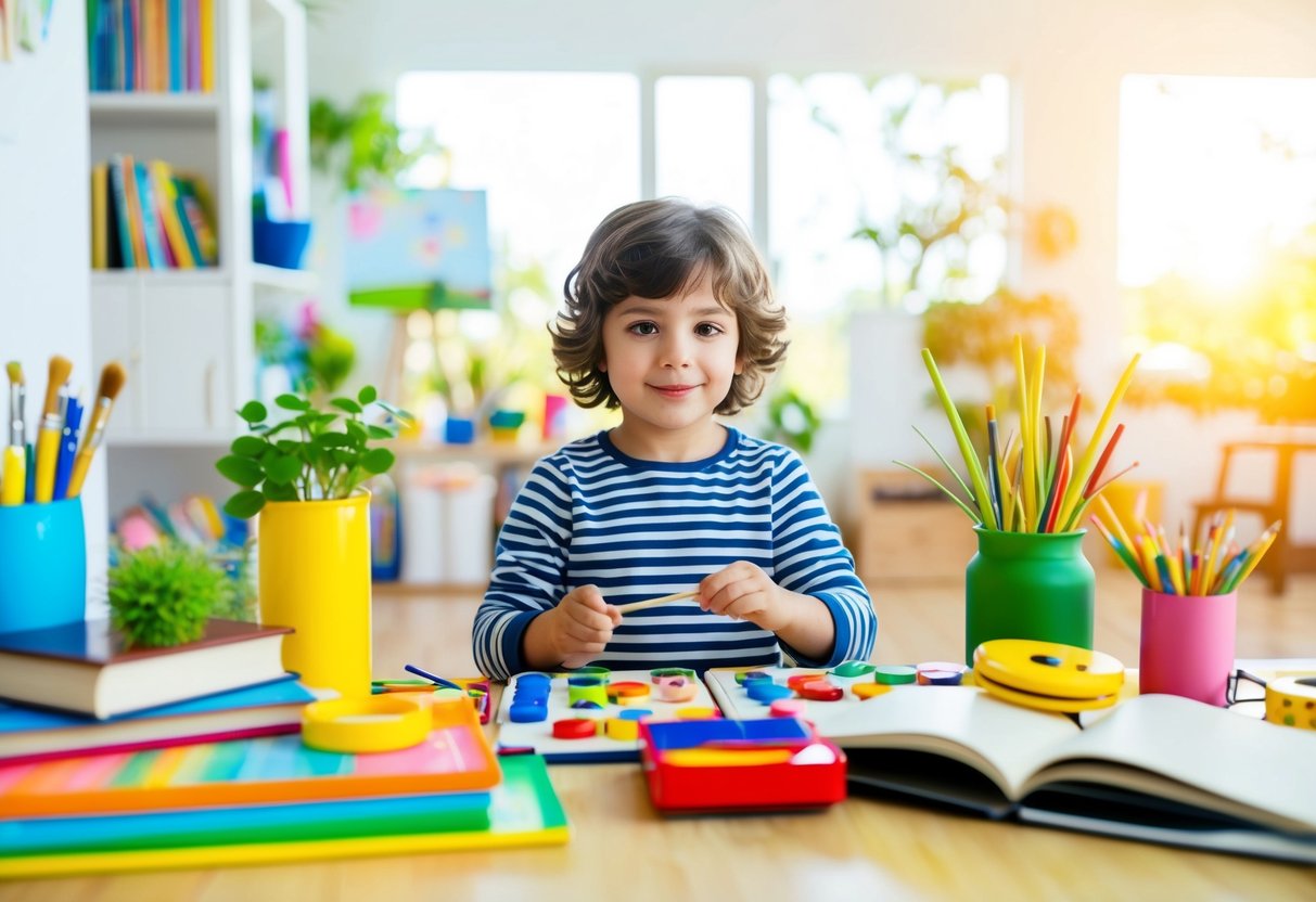 A child surrounded by colorful art supplies, books, nature, and musical instruments in a bright, open space with natural light streaming in