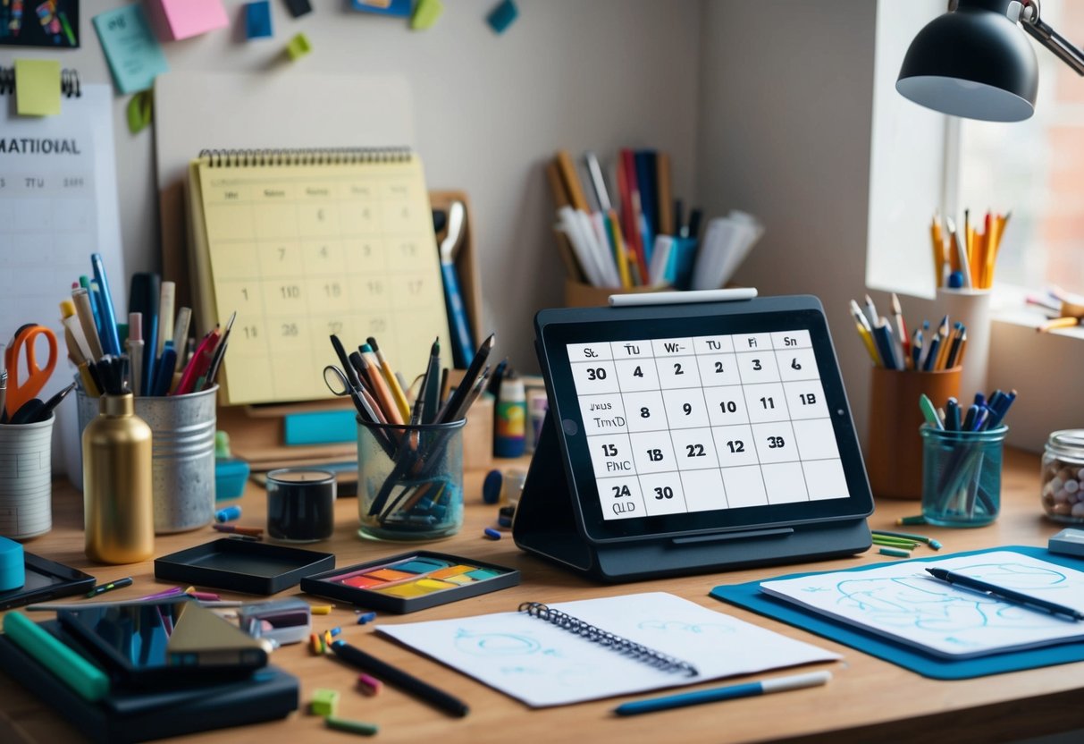 A cluttered desk with traditional art supplies on one side and a digital drawing tablet on the other. A calendar with dedicated time slots for each art exploration strategy