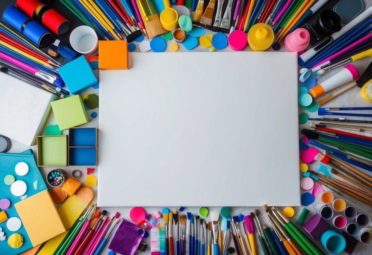 A colorful array of art supplies scattered across a table, with a blank canvas and various materials ready for creative exploration