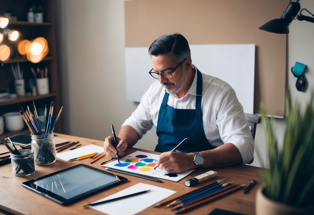 A traditional artist sitting at a wooden desk, surrounded by paintbrushes, pencils, and paper. A digital tablet and stylus are also on the desk, with the artist seamlessly transitioning between traditional and digital tools