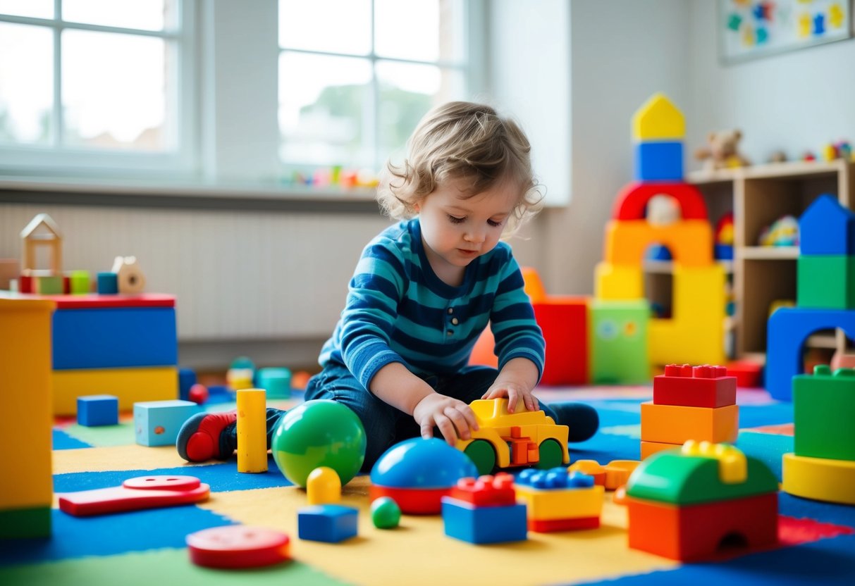 A child surrounded by open-ended toys, exploring, building, and imagining in a colorful, clutter-free space with natural light streaming in from a window