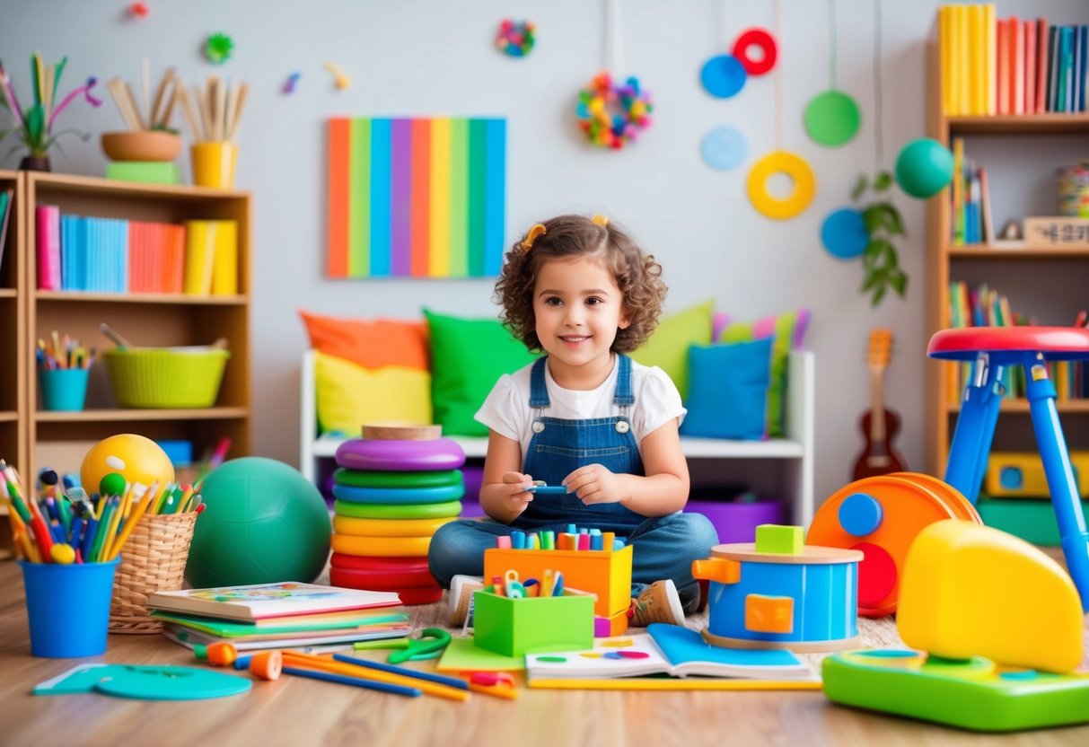 A child surrounded by art supplies, books, musical instruments, and outdoor play equipment, with a colorful and inviting space to encourage creativity and limit screen time