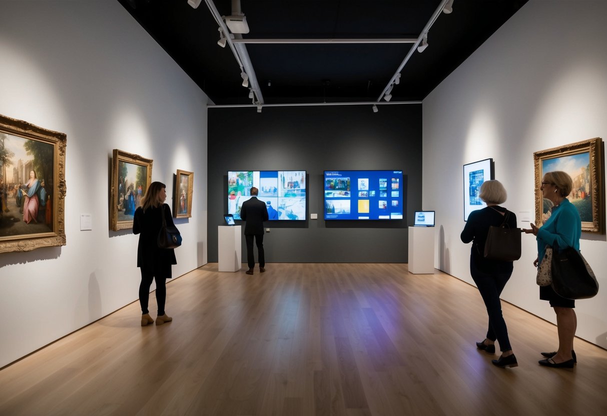 A gallery space with traditional paintings on the walls and digital screens displaying artwork. Visitors move between the physical and online displays, engaging with both mediums