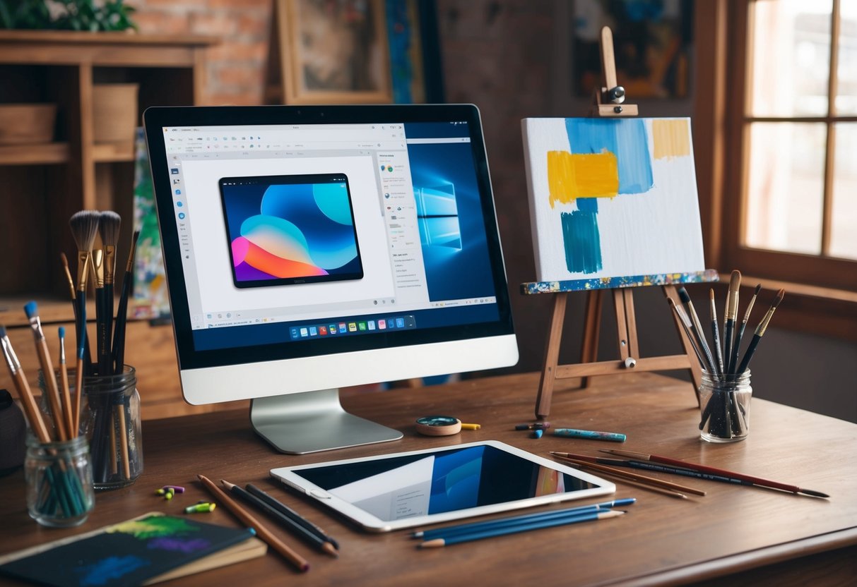A digital tablet sits on a wooden desk surrounded by paintbrushes, pencils, and a canvas. A vintage easel holds a partially finished traditional painting, while a computer screen displays a digital art program
