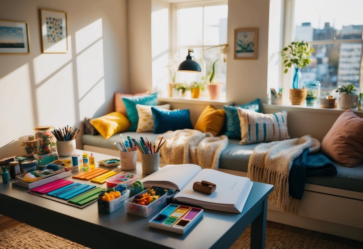 A cozy, sunlit room with colorful art supplies scattered on a large table. Soft pillows and blankets create a comfortable reading nook in the corner