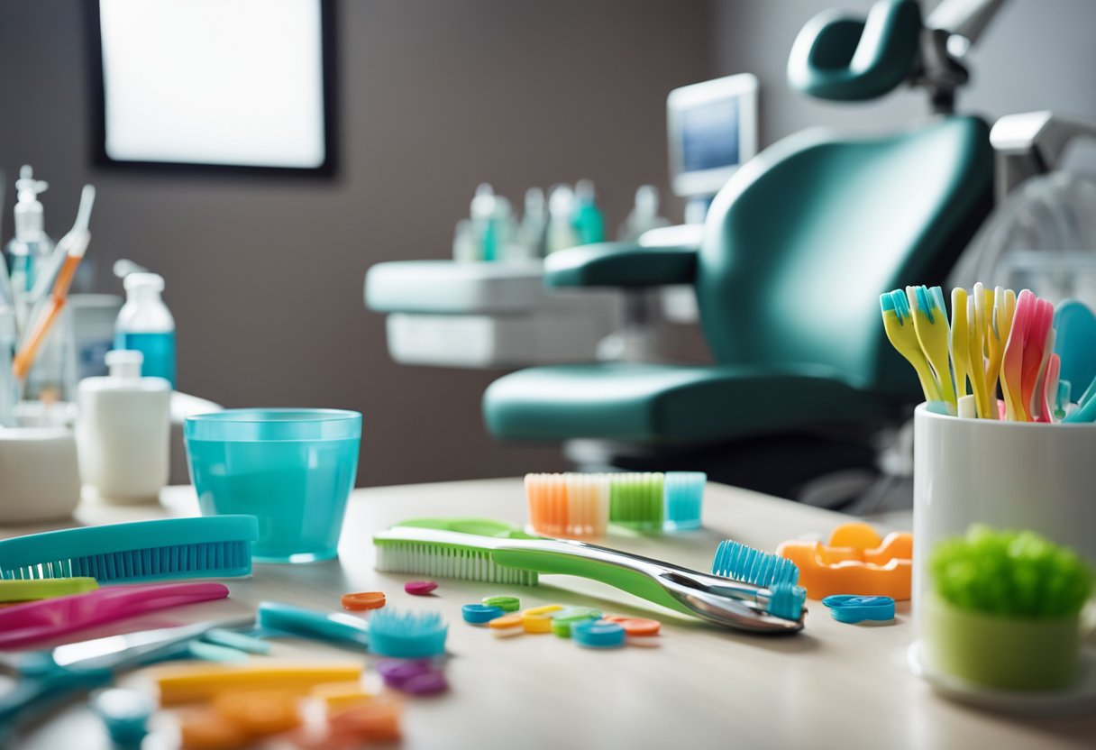 A dental health activity center with colorful toothbrushes, floss, and educational posters. A dentist's chair and dental tools are neatly organized on a table