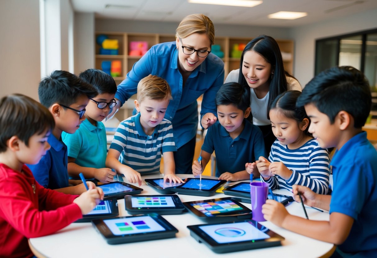 A group of children gather around a table filled with digital art supplies. They eagerly experiment with various techniques, guided by an enthusiastic instructor