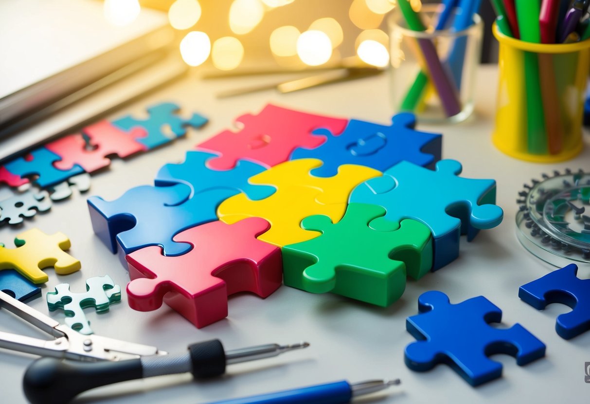 A group of colorful puzzle pieces fitting together in various ways, surrounded by tools and materials for brainstorming and problem-solving