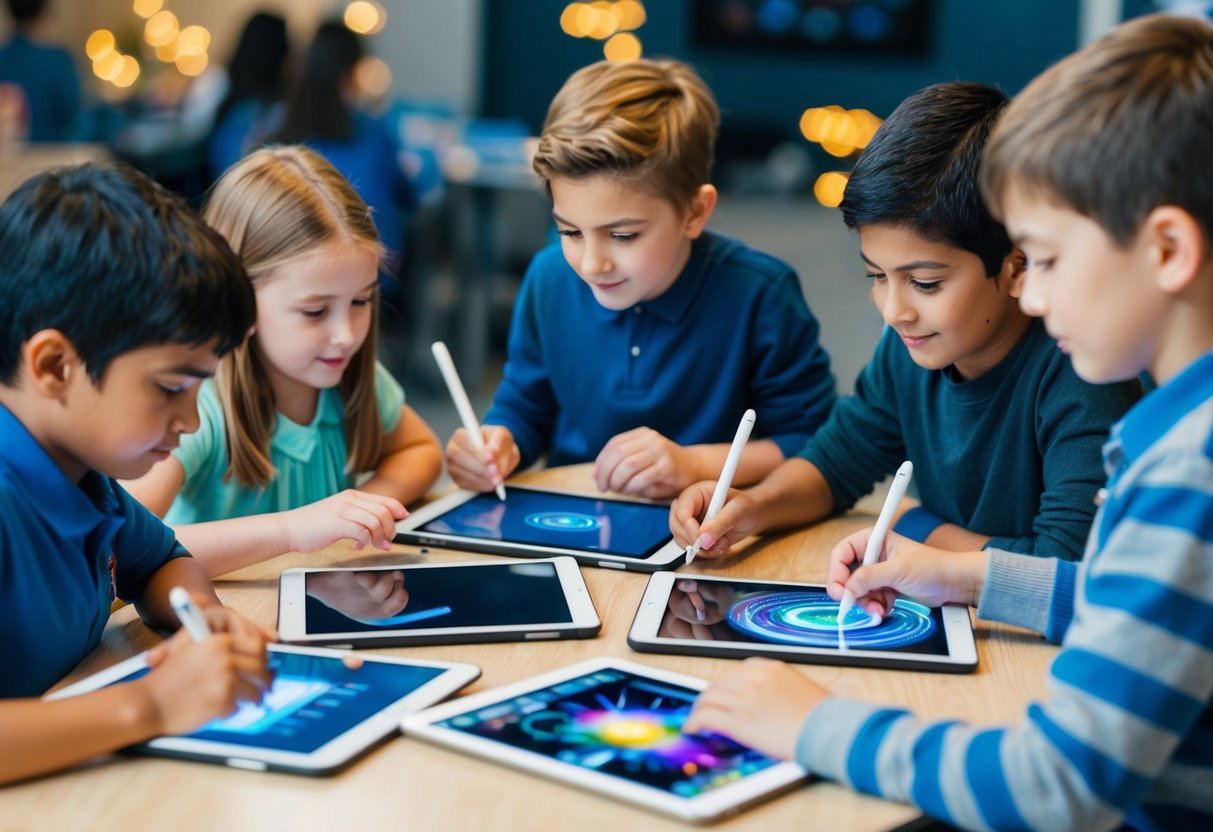 A group of children using tablets and styluses to create digital art, experimenting with various techniques and tools