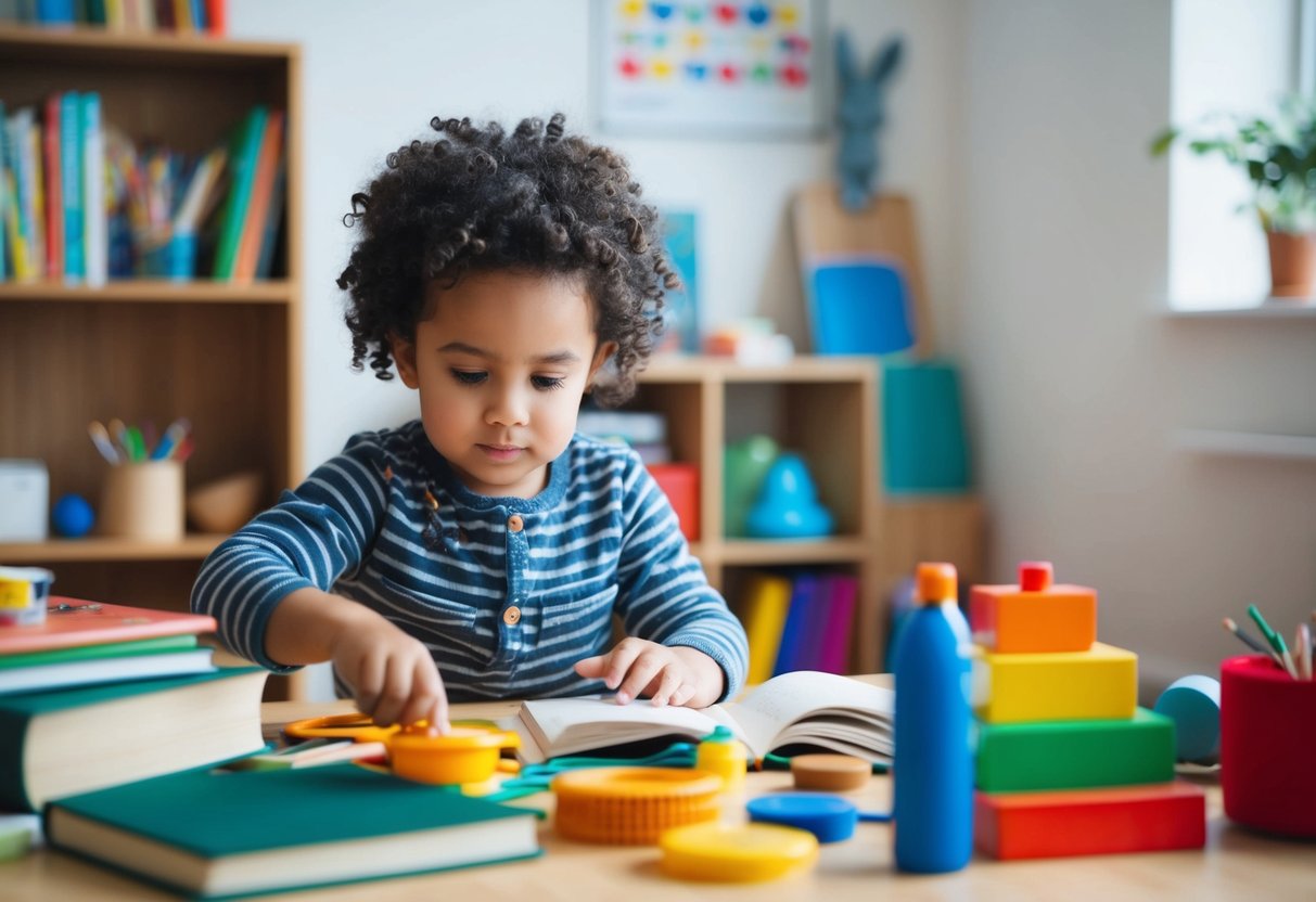 A young child explores a diverse collection of objects, books, and art supplies, demonstrating curiosity and creativity in problem-solving