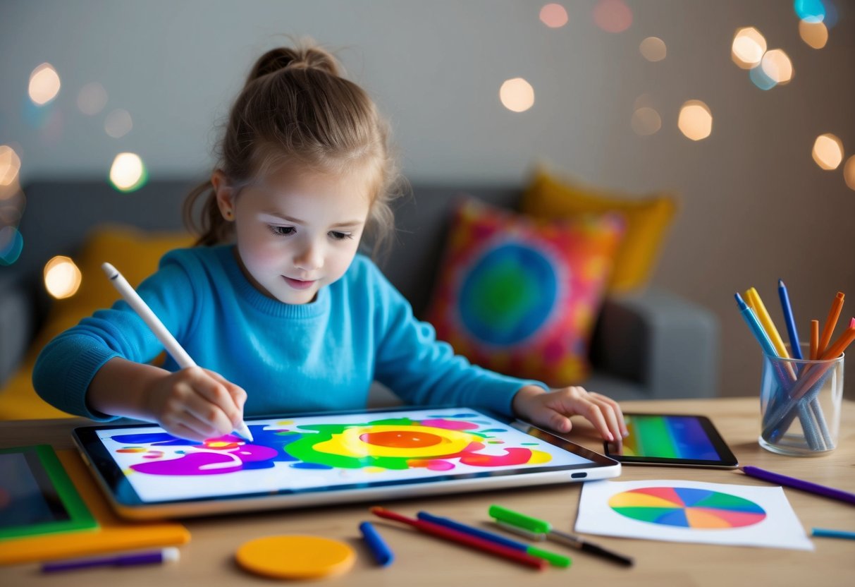 A child using a digital tablet to create colorful and imaginative artwork, surrounded by various digital art tools and materials