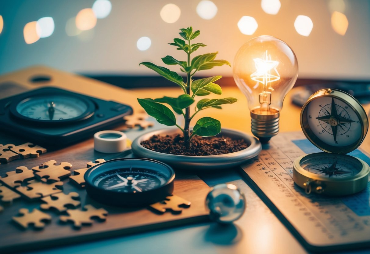 A group of diverse objects, such as a puzzle, a plant growing, a lightbulb, and a compass, arranged in a dynamic and interconnected composition