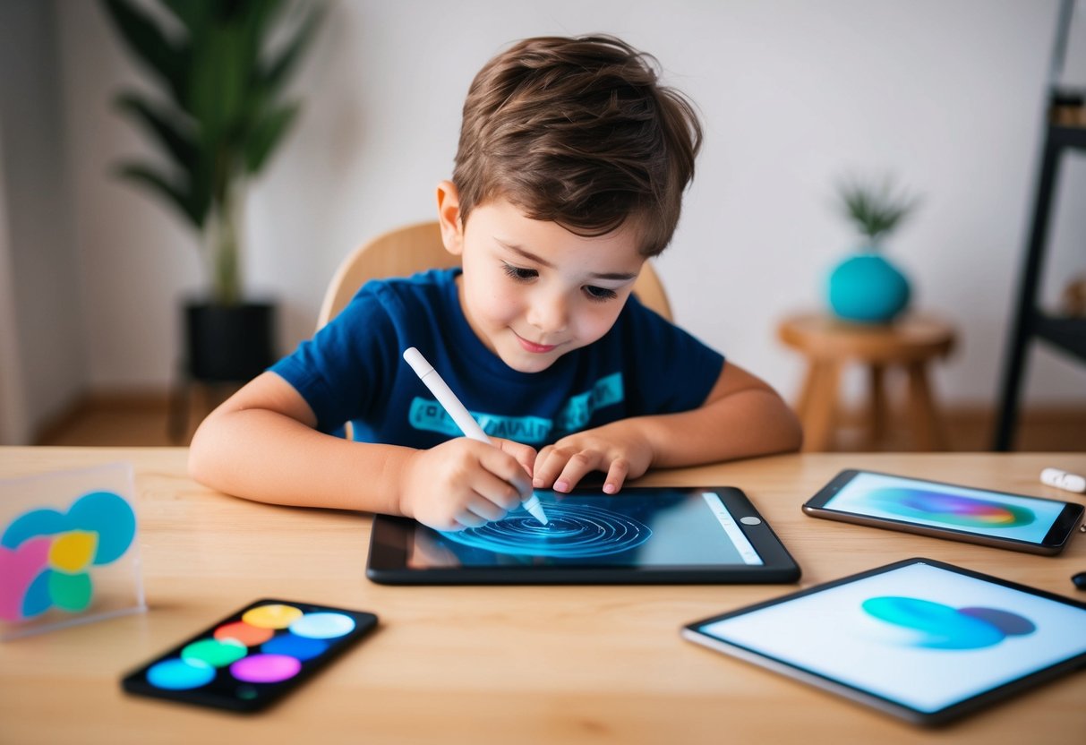 A child using a drawing tablet, experimenting with various digital art techniques such as drawing, painting, and using different brush tools and colors