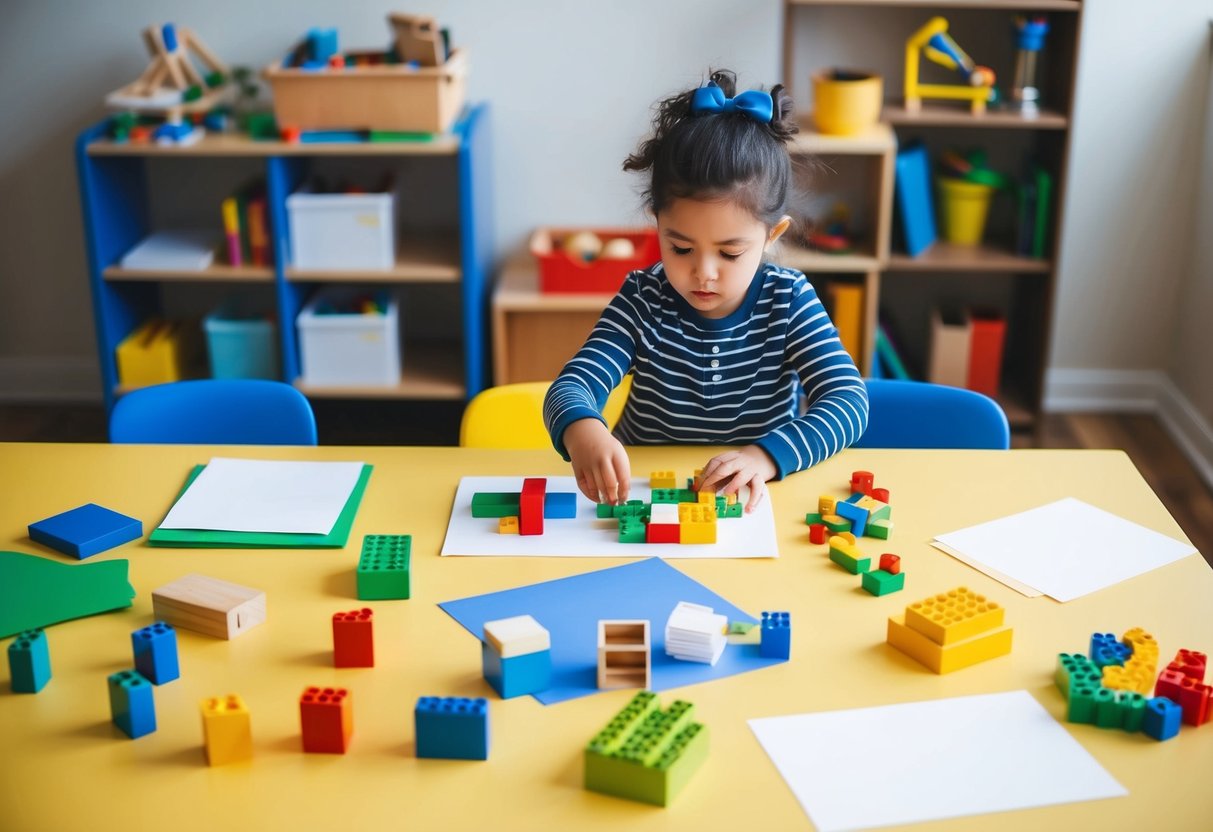 A table with various open-ended materials such as blocks, paper, and art supplies. A child exploring and experimenting with the materials to solve creative problems