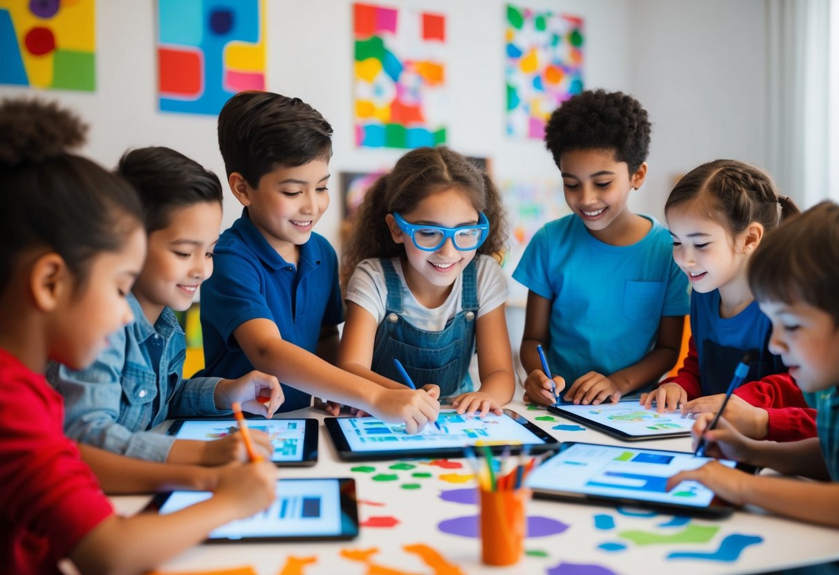 A group of children enthusiastically working on digital art projects using various techniques and tools, surrounded by colorful drawings and paintings