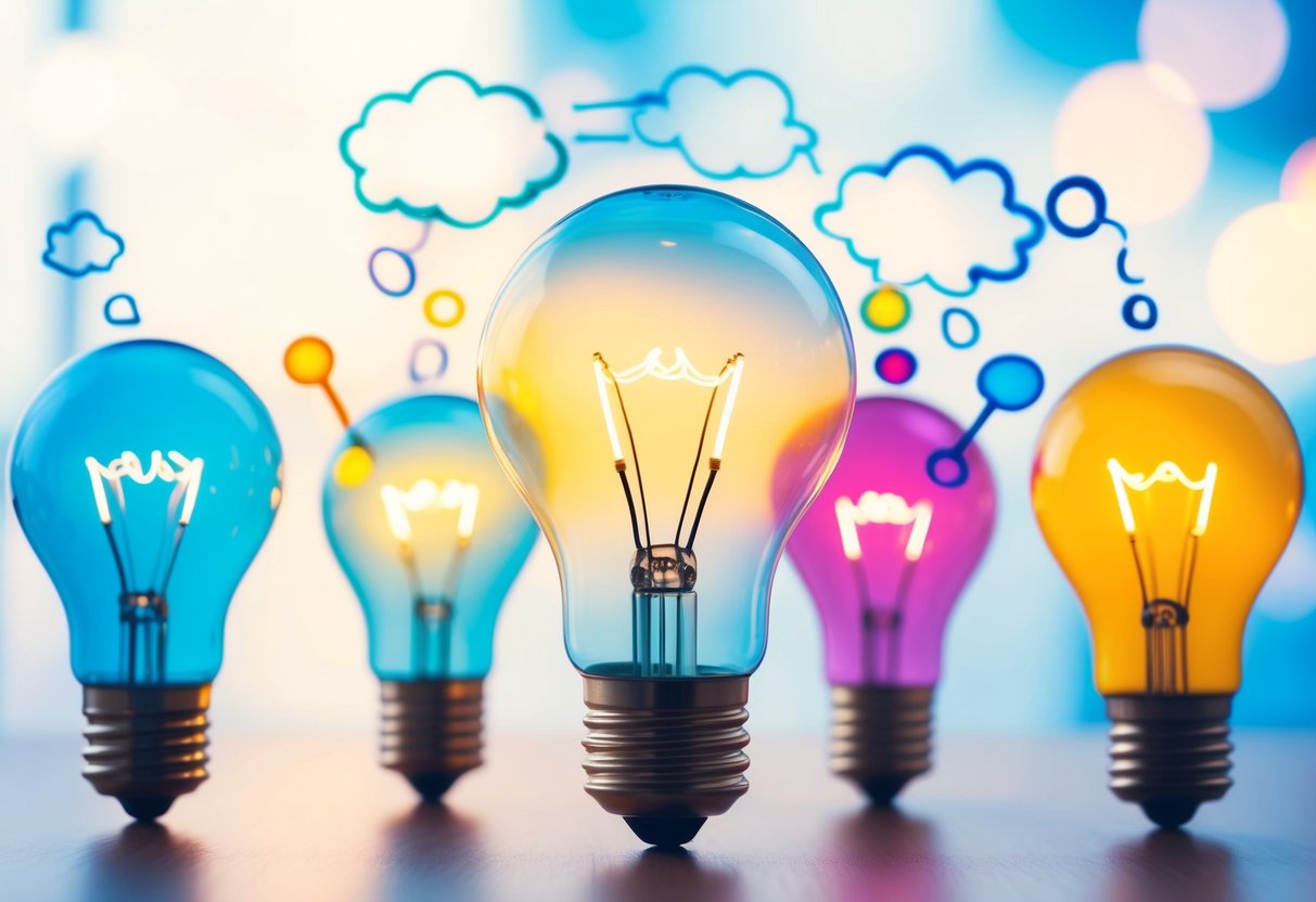 A group of light bulbs with colorful thought bubbles emanating from them, representing various brainstorming techniques for creative problem-solving