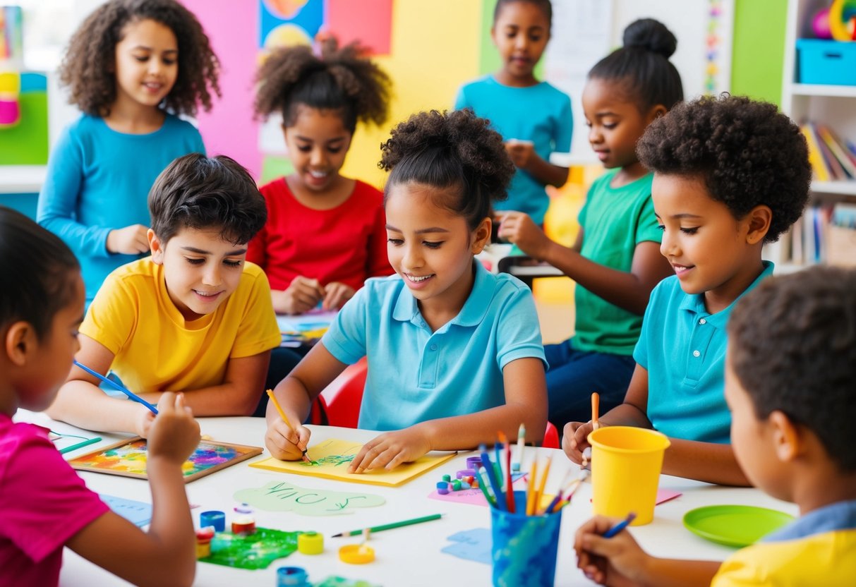 A group of children engage in various creative activities: painting, building, writing, and brainstorming ideas together in a colorful and lively environment