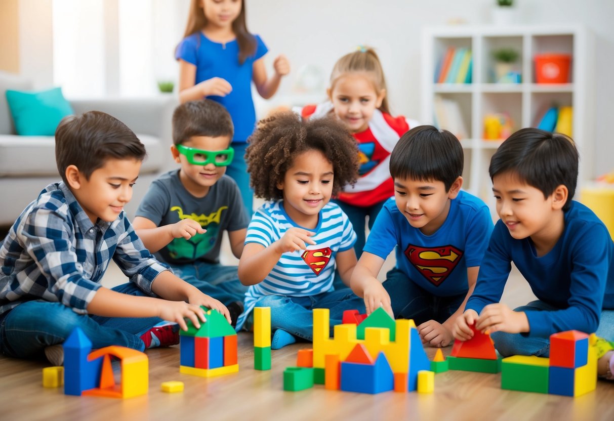 A group of children engaged in various imaginative play activities, such as building a fort, pretending to be superheroes, and creating a make-believe world with different characters and settings