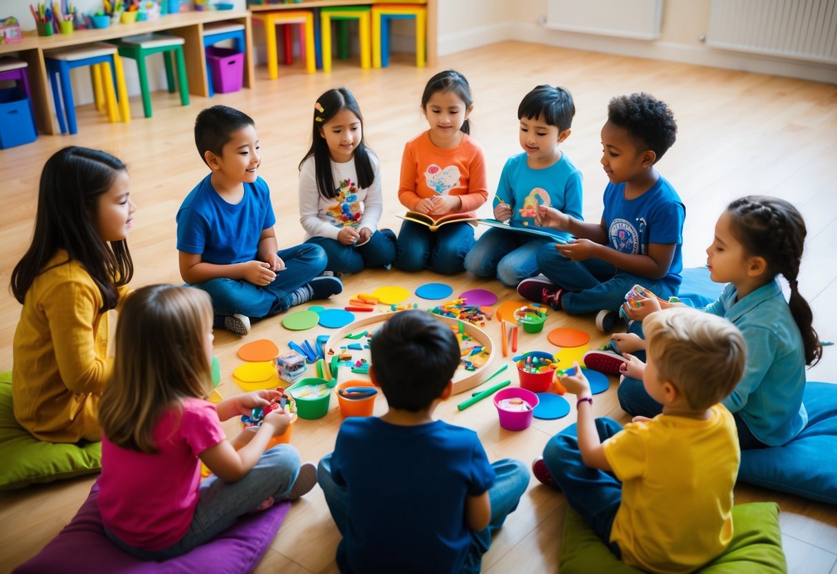 A group of children sitting in a circle, surrounded by colorful art supplies. They are engaged in storytelling, using their imaginations to create unique and creative narratives