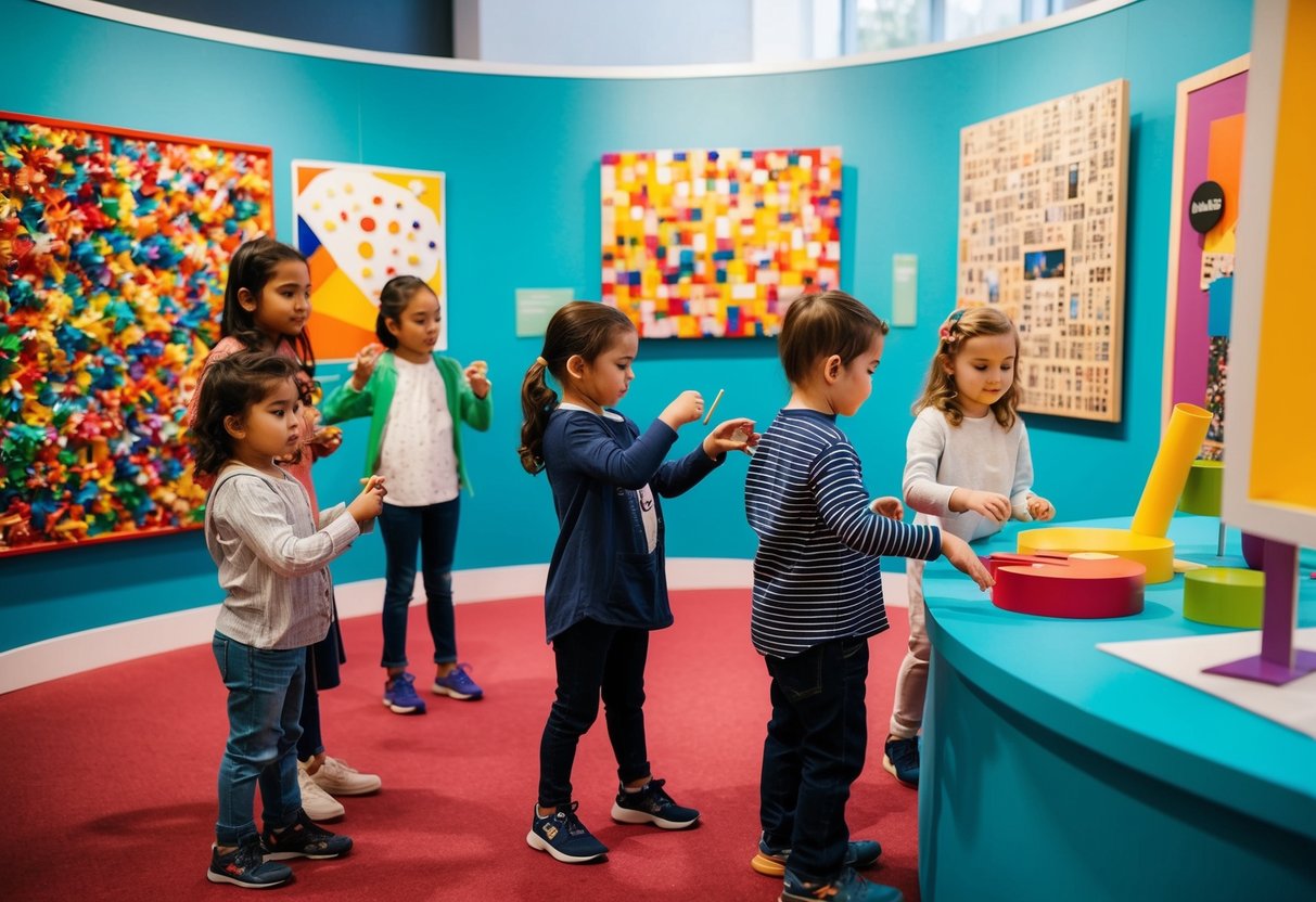 A group of children explore a colorful art museum, engaging in hands-on activities and interactive exhibits to foster their creative thinking