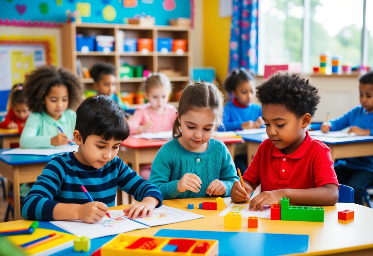 A group of children engaging in various activities such as drawing, building, and problem-solving in a colorful and vibrant classroom setting