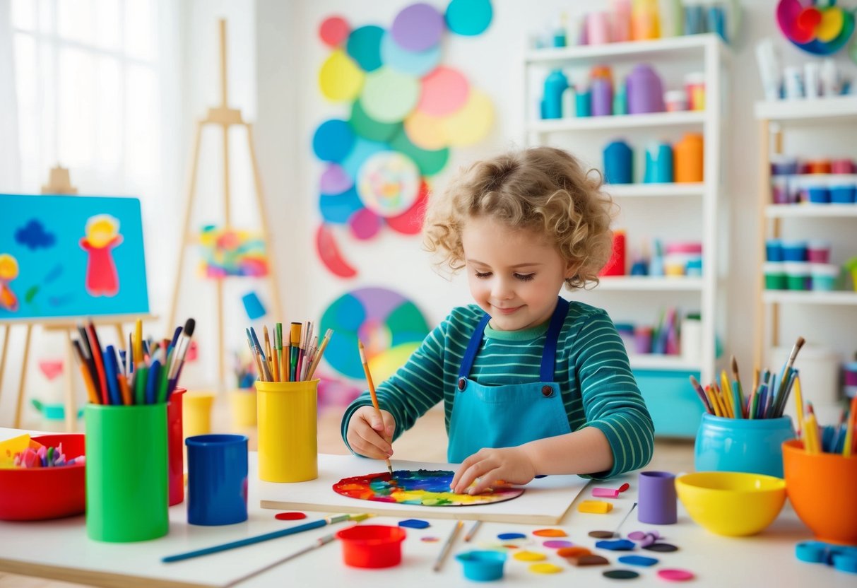 A child surrounded by colorful art supplies, confidently creating unique and imaginative artwork in a bright, inspiring studio space