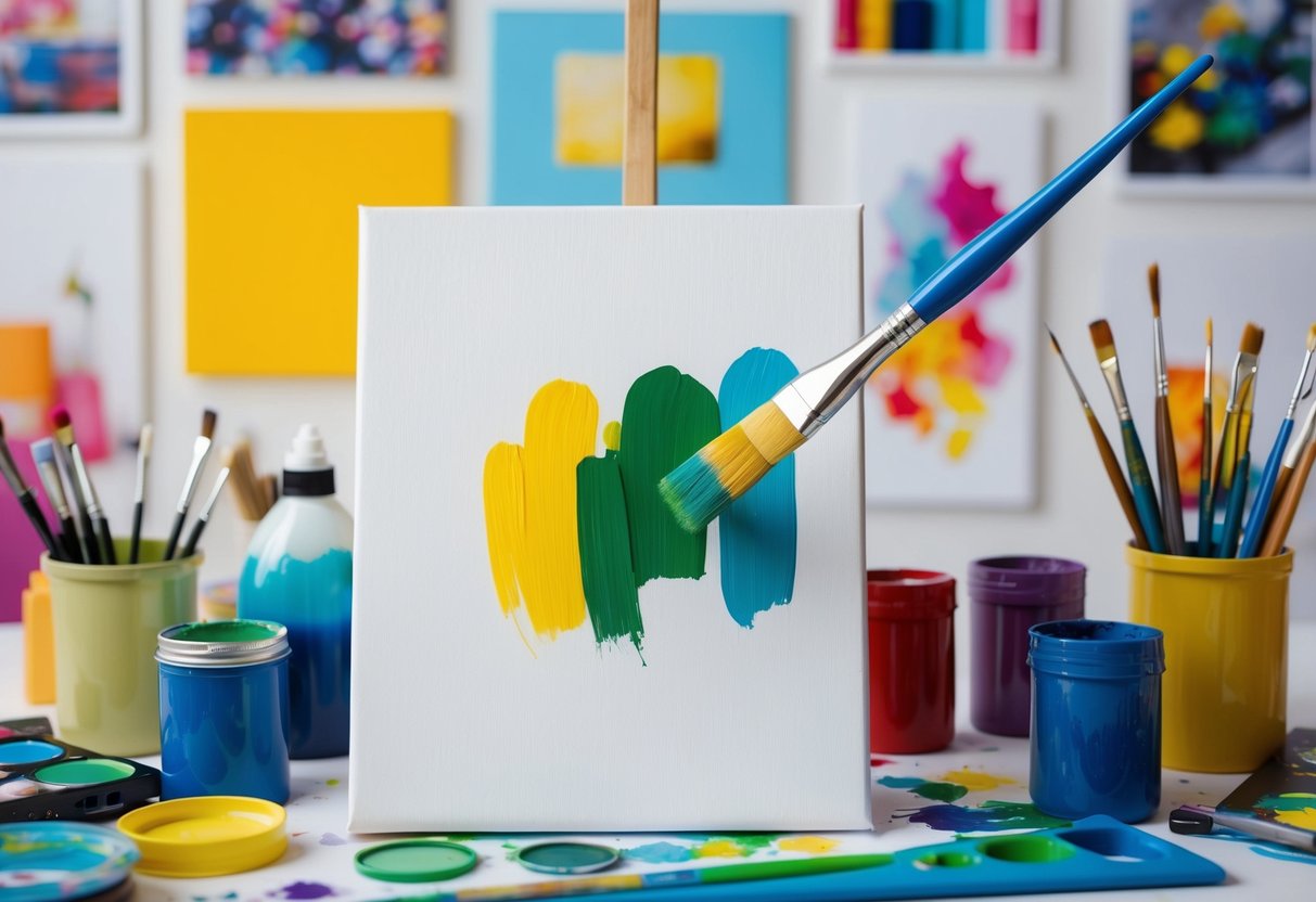 A colorful paintbrush confidently creating bold strokes on a blank canvas, surrounded by various art supplies and inspiring images