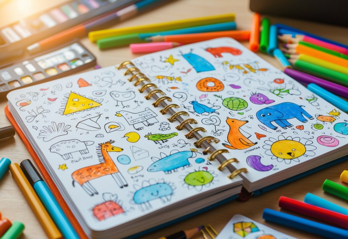 A child's sketchbook filled with imaginative doodles of animals, shapes, and colors, scattered with markers and pencils