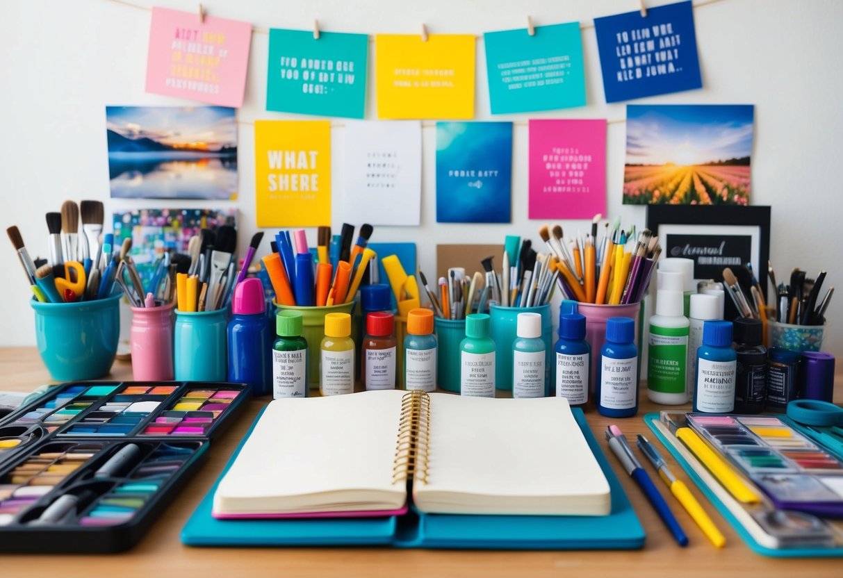 A colorful array of art supplies arranged neatly on a desk, with a journal open to a blank page, surrounded by inspiring quotes and images