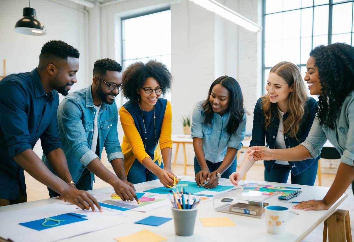A group of diverse individuals collaborate on an art project, exchanging ideas and offering support in a bright, open studio space