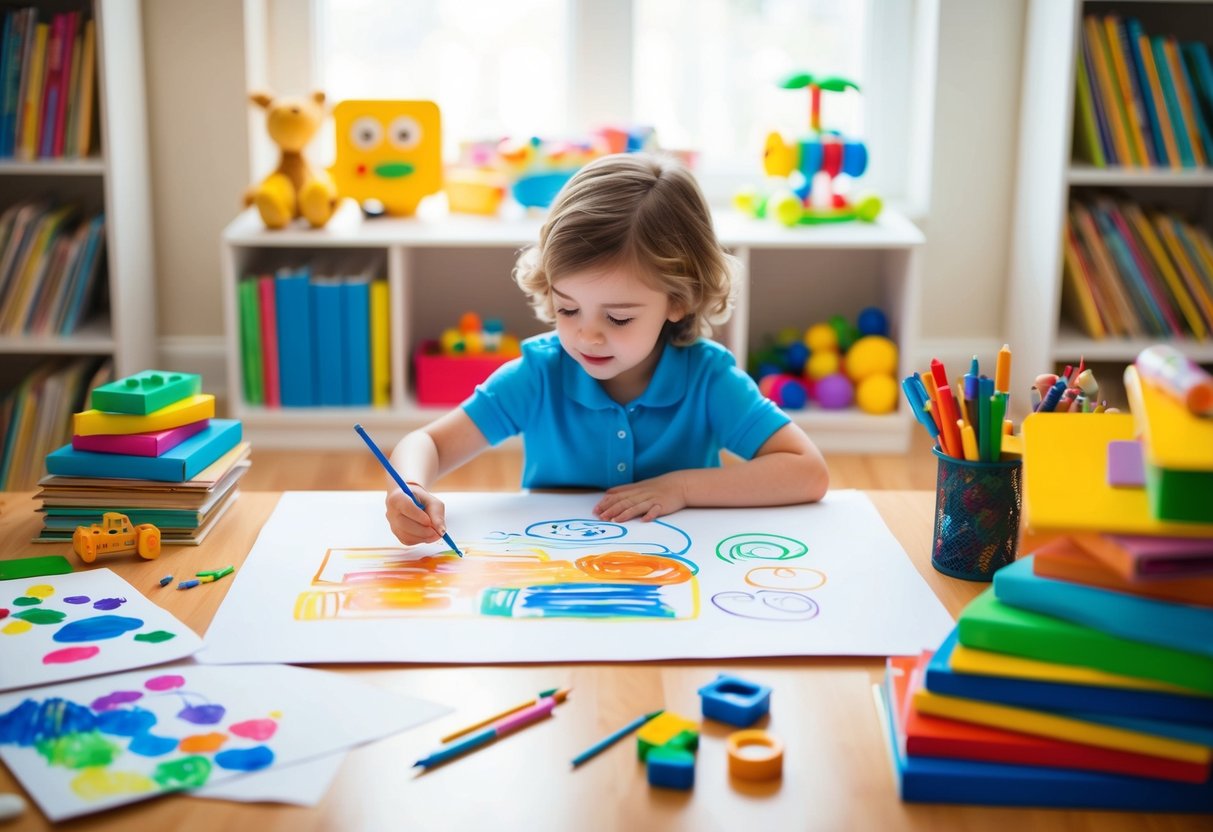 A child surrounded by art supplies, creating colorful and imaginative drawings on a large sheet of paper, while surrounded by books and toys that inspire creativity