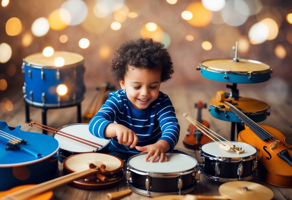 A child surrounded by various musical instruments, eagerly exploring and experimenting with different sounds and rhythms