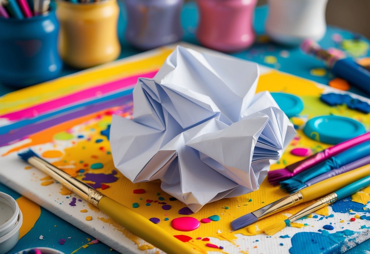 A crumpled paper surrounded by colorful art supplies, with bold brushstrokes and splatters on a canvas, showcasing the beauty of embracing mistakes in creative expression