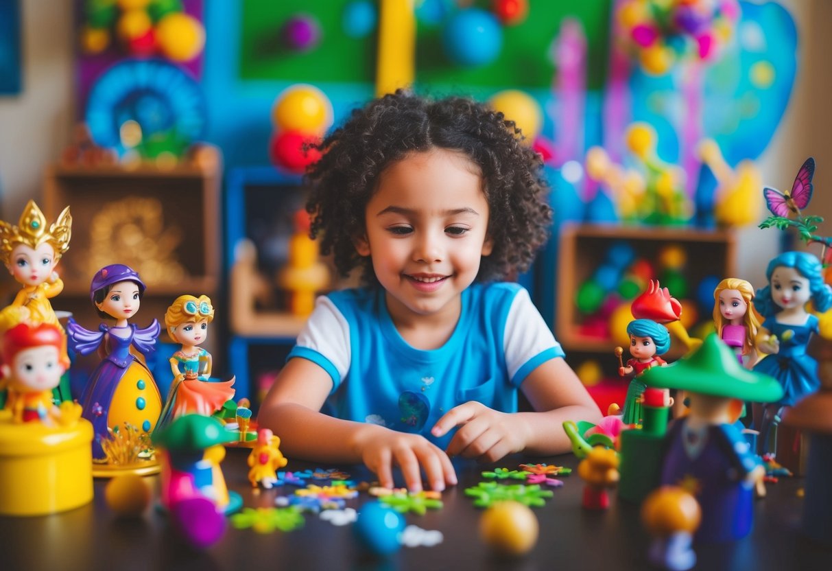 A child surrounded by colorful fantasy-themed props, immersed in creating a make-believe world with intricate characters and storylines