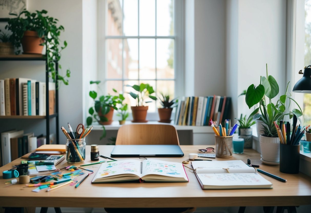 A desk with scattered art supplies, a journal with colorful doodles, a plant-filled workspace, a shelf of inspiring books, and a window with natural light streaming in