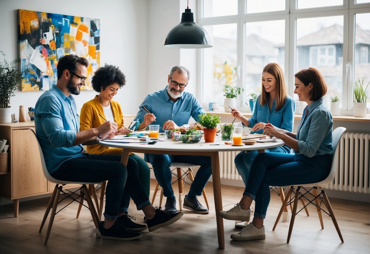 A family sitting around a table, each member engaged in a different creative activity - painting, writing, playing music, cooking, and gardening