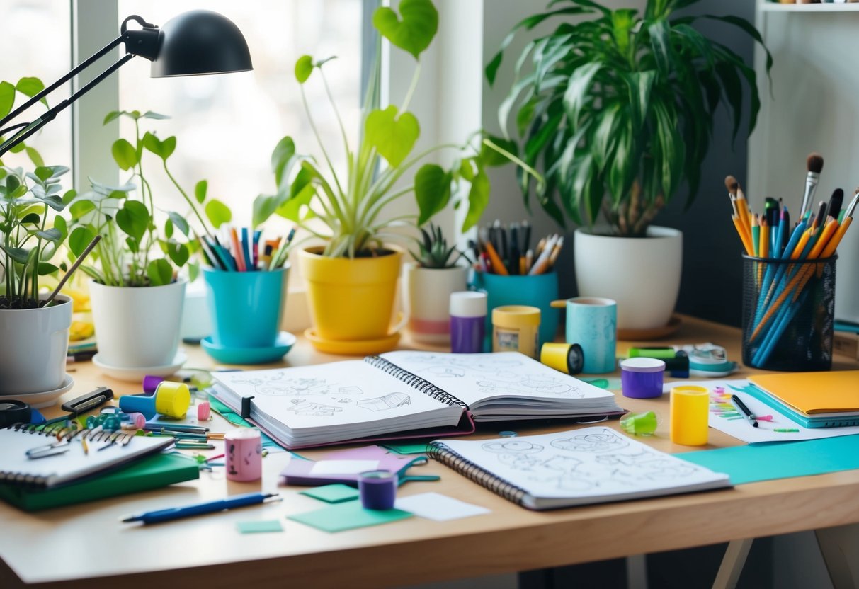 A bright, cluttered desk with art supplies spilling out, surrounded by plants and natural light. A sketchbook lies open, filled with doodles and creative ideas