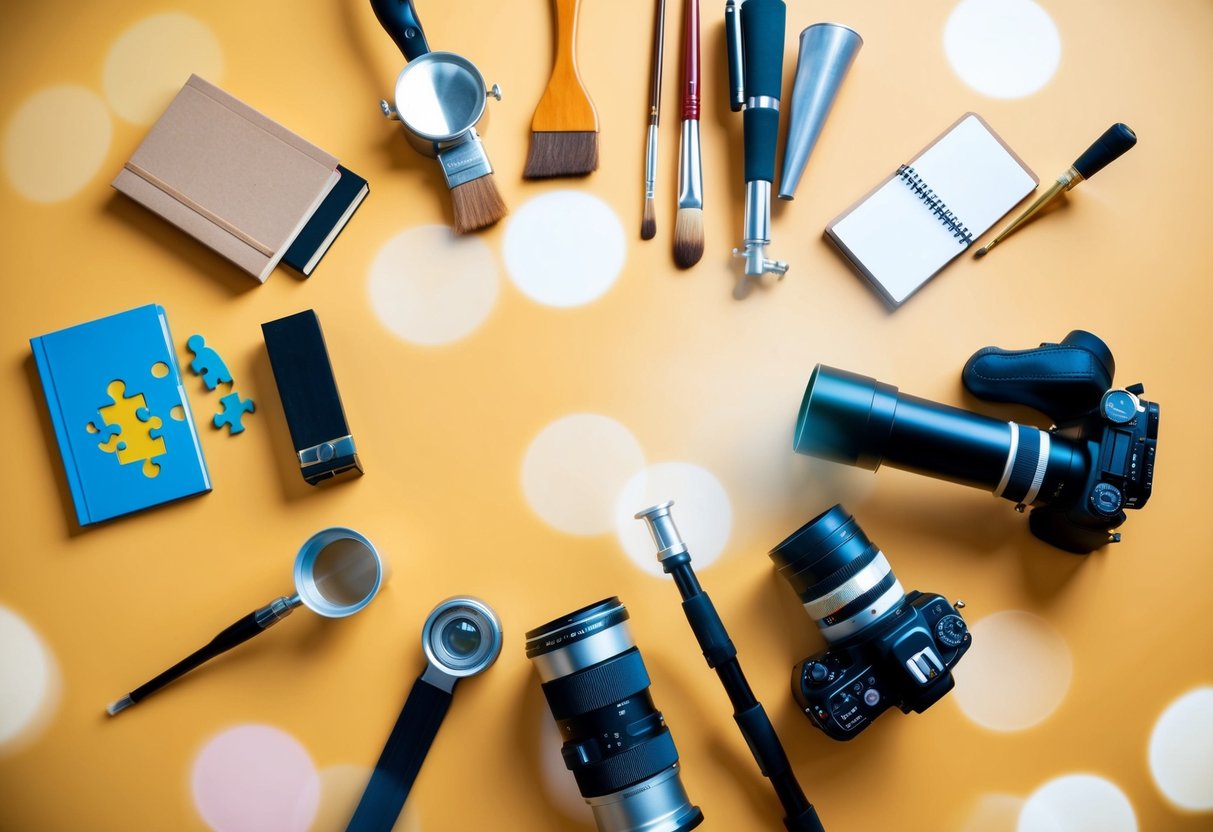 A group of diverse objects arranged in a circle, each representing a different activity: a book, a puzzle, a paintbrush, a musical instrument, a telescope, a camera, and a set of building blocks