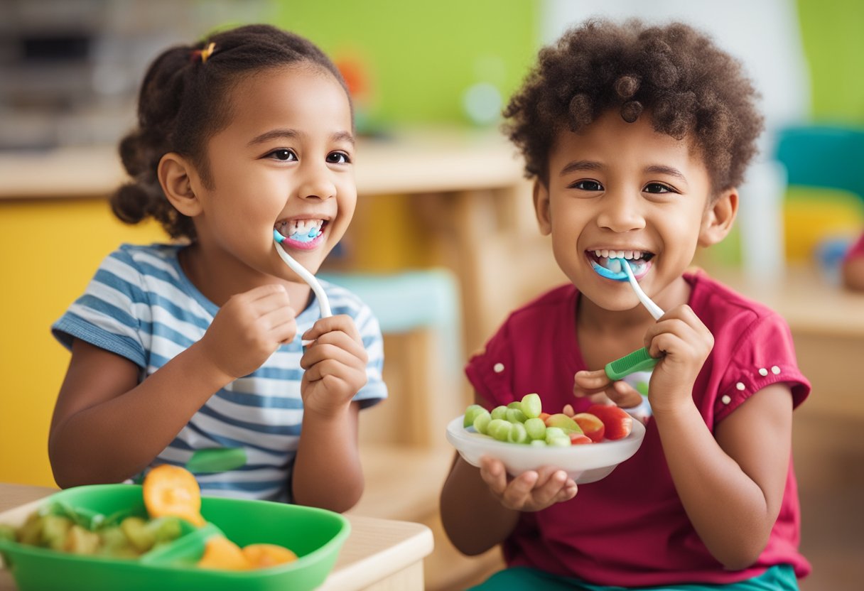 Children brushing teeth, flossing, and learning about healthy foods in a colorful, playful dental health-themed preschool setting